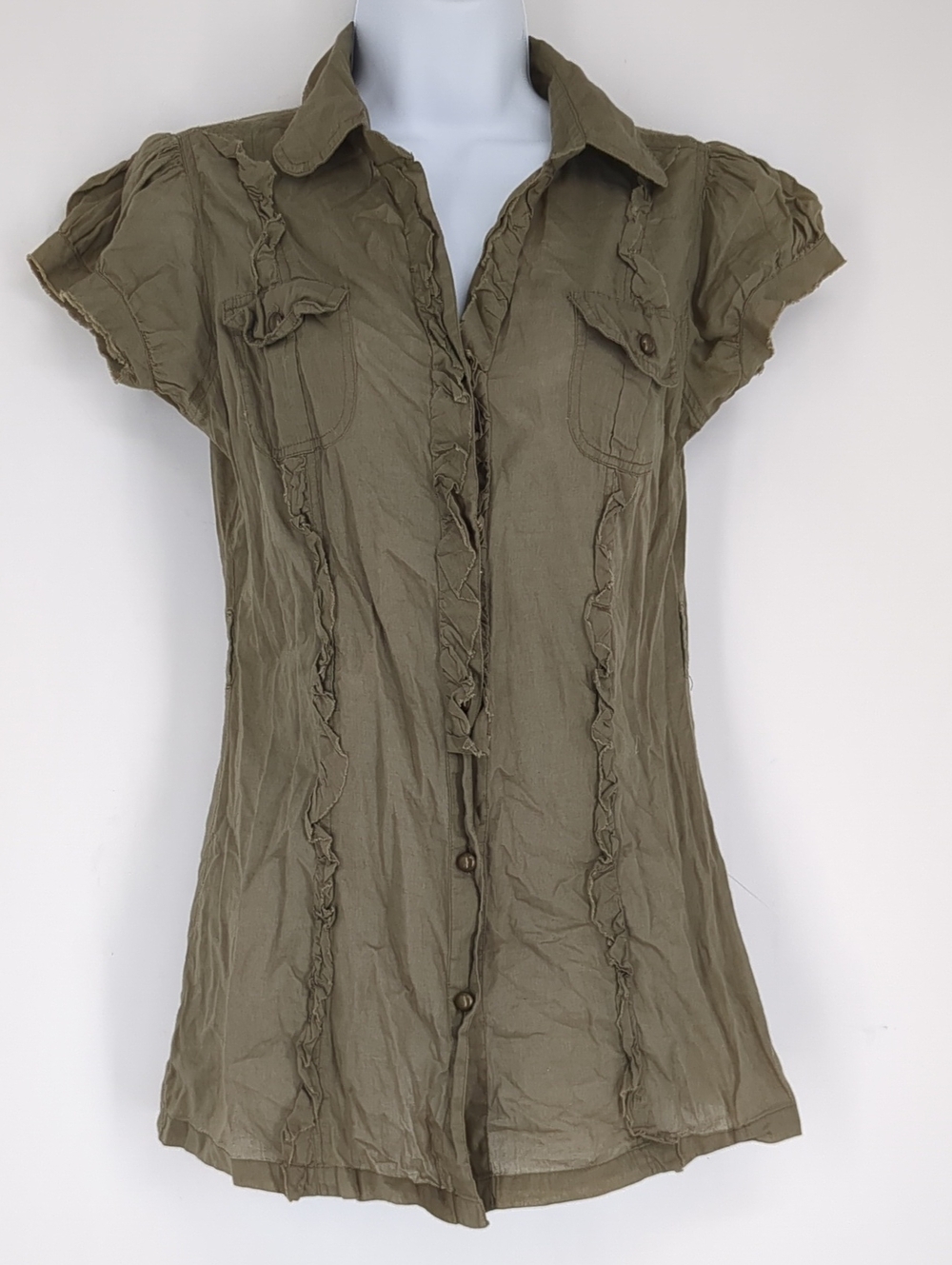 Y2K Olive Green Short-Sleeve Ruffle Button Gauze Lightweight Shirt Dress Medium